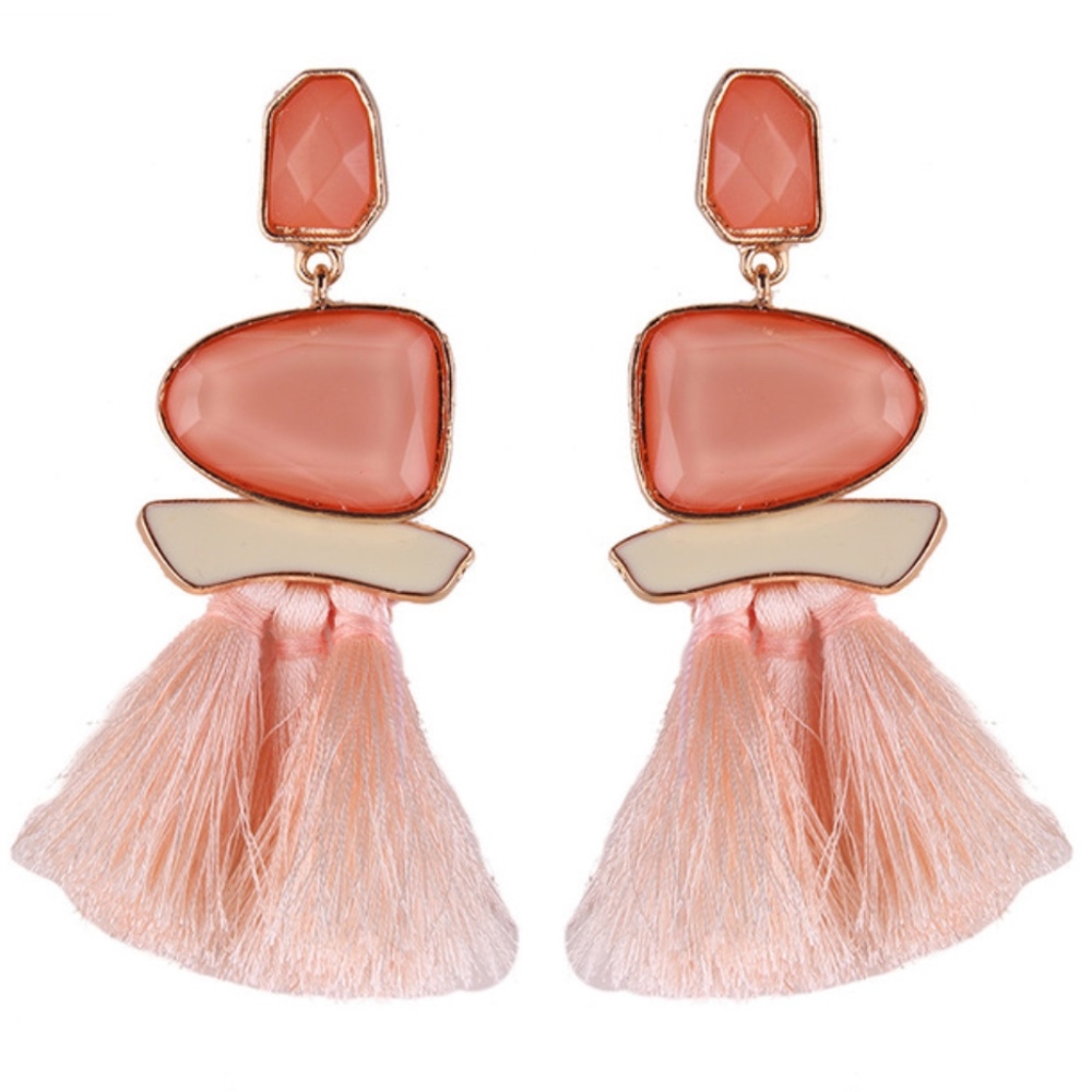 NWOT Beige Boho Tassel Drop Statement Earrings Met